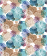 Seamless abstract background, sophisticated watercolor circular motifs with ripple effects in blue and earthy tones
