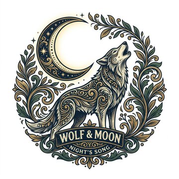 Wolf howling at crescent moon illustration with floral frame and ornate botanical elements