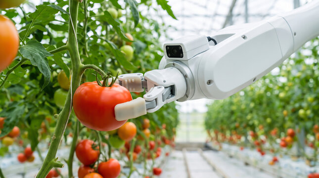 Smart agriculture robot arm harvesting ripe red tomatoes in a modern greenhouse
