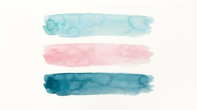 Three watercolor paint strokes in light blue, soft pink, and teal colors on paper