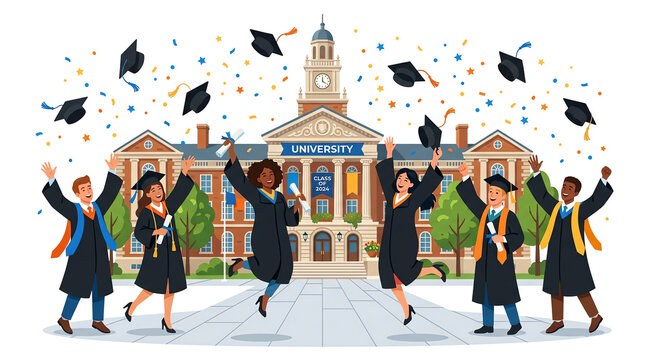 Happy diverse students celebrating graduation in front of university building