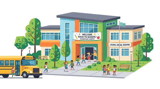 Happy elementary students arriving at school by bus on a sunny morning