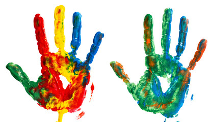 Fototapeta premium Colorful handprints with blue red and yellow paint for art projects.