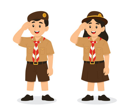 Indonesian Scout Boy and Girl Saluting in Pramuka Uniform Flat Vector Illustration