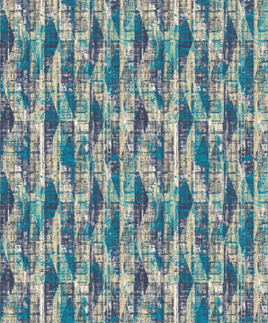 Seamless vertical stripe abstract pattern with woven crosshatch texture in blue green, beige and charcoal tones, grunge fabric background
