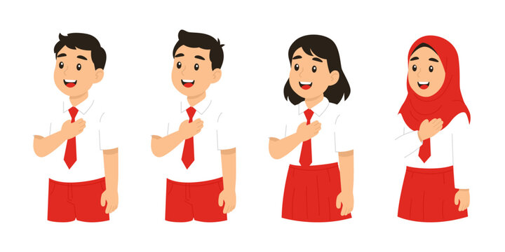 Indonesian School Students Singing National Anthem with Hand on Chest Flat Vector Illustration