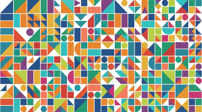 Vibrant abstract geometric pattern with diverse colorful shapes arranged in a mosaic grid.