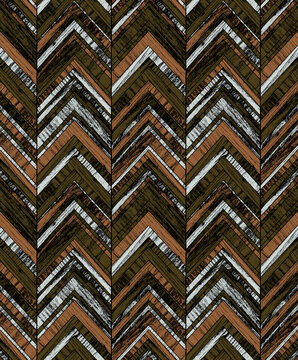 Seamless wood texture herringbone pattern with diagonal chevron lines in brown, olive green and white tones, natural textile background for wallpaper and interior design