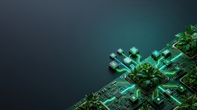 Green microchips and electronic processors growing natural leaves symbolizing environmental responsibility in digital electronics