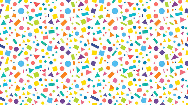 Colorful geometric confetti pattern with various shapes on white background