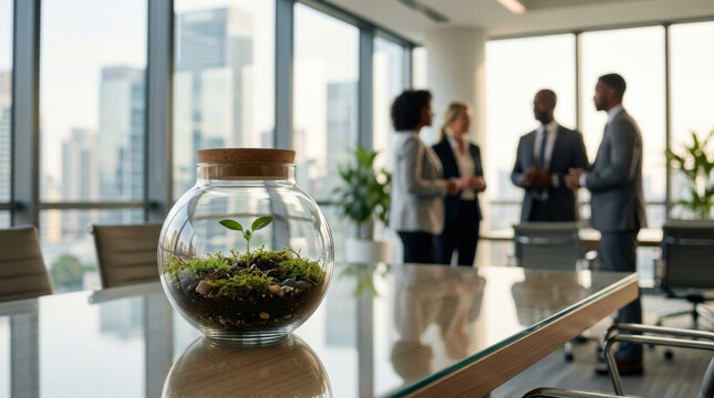 Small growing plant inside a glass jar in a modern office representing sustainable business growth and eco-friendly corporate initiatives