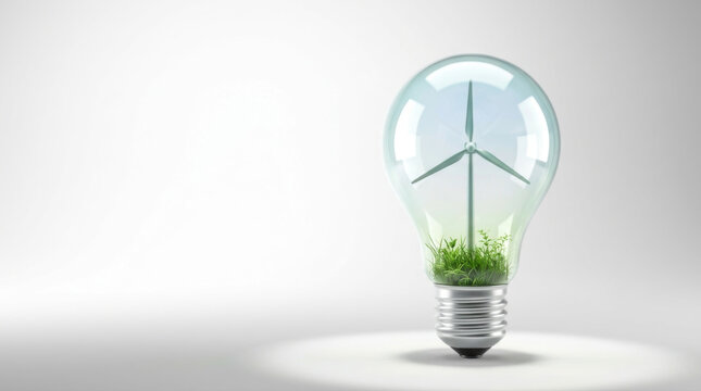 Wind turbine and green grass inside a glowing light bulb representing clean alternative power and renewable energy innovation