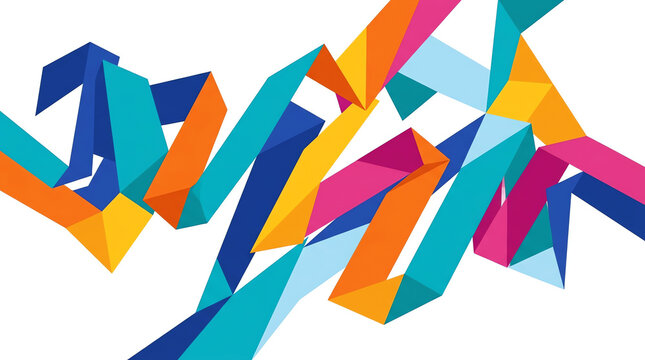 Colorful geometric folded ribbon shapes on a clean white background