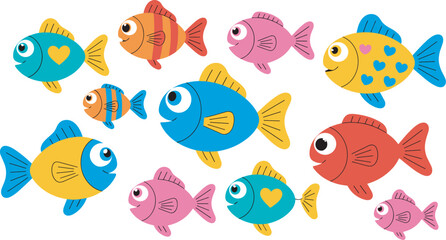 Fototapeta premium Cute Cartoon Sea Fish Vector Character Set Pack for Kids Room Decor, Nursery Wall Art, Kindergarten, and Marine Life Education Designs