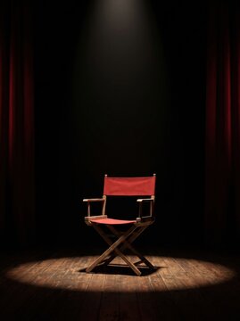 Red directors chair illuminated by a single spotlight on a dark stage with red curtains.