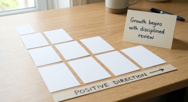 Strategic Planning with Blank Cards and 'Positive Direction' Label on Wooden Desk