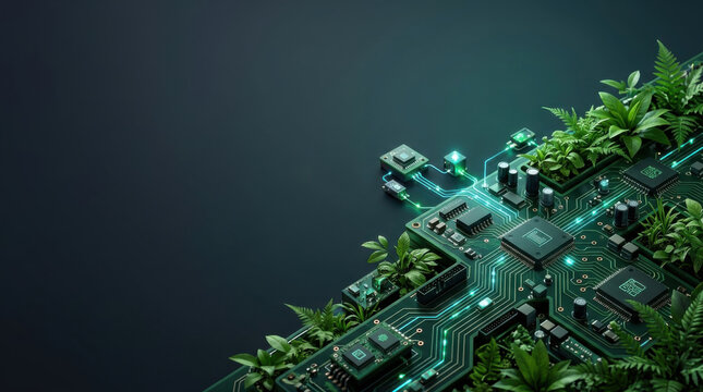 Sustainable technology circuit board integrated with lush green plants representing eco-friendly computing and green innovation