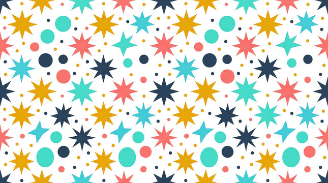 Colorful geometric seamless pattern with stars and circles on white