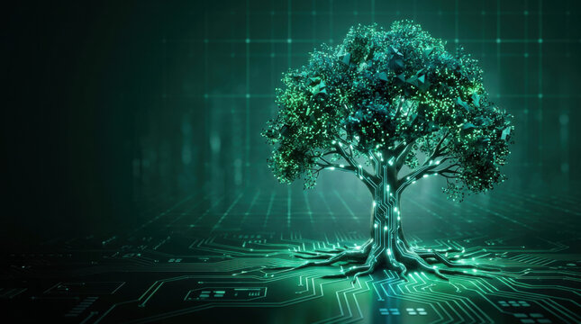Futuristic digital tree growing from a technological circuit board representing data network and tech growth