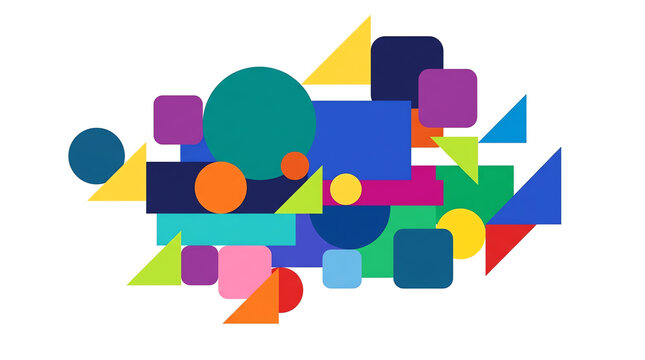 A vibrant abstract composition of overlapping geometric shapes including circles, squares, rectangles, and triangles in a variety of bright colors.