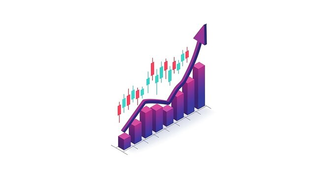 Isometric 3D financial data graph featuring purple bar chart and upward arrow for stock market analysis and business success visualization on white background isometric business