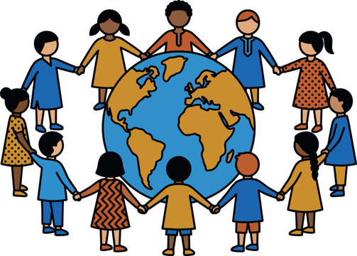 Diverse group of children holding hands around the world