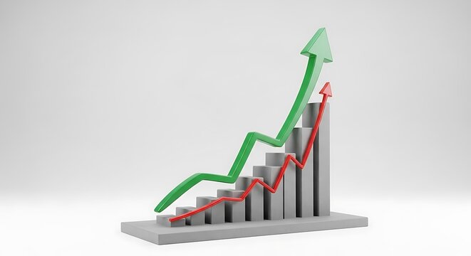 Rising bar chart with green upward arrow showing financial growth and business success business investment marketing performance analysis statistics progress increasing positive
