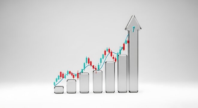 Silver bar chart and financial candlestick graph demonstrating rising economic success with business candlestick investment performance analysis statistics progress increasing