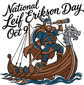 Viking explorer celebrating National Leif Erikson Day on October 9th with spyglass and ship