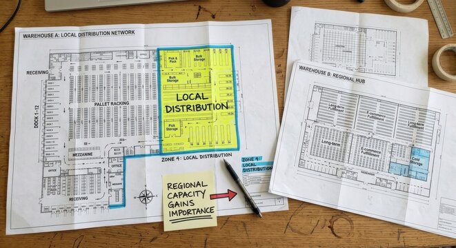 Warehouse Distribution Layout Planning and Strategy Documents on a Wooden Table
