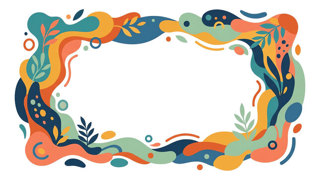Vibrant abstract organic frame with colorful flowing shapes and stylized leaves, perfect for decorative borders or backgrounds.
