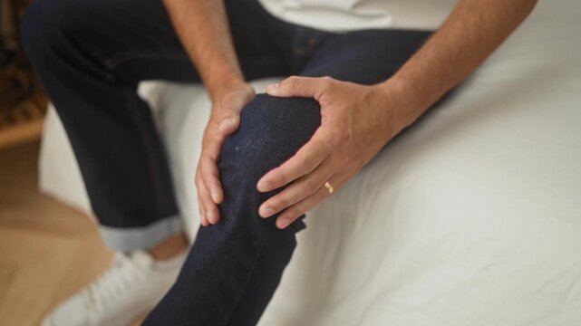Man gripping and massaging knee while seated on a bed in a building, hands clasping knee over denim, visible wedding ring and white sneakers by wooden floor; pain.