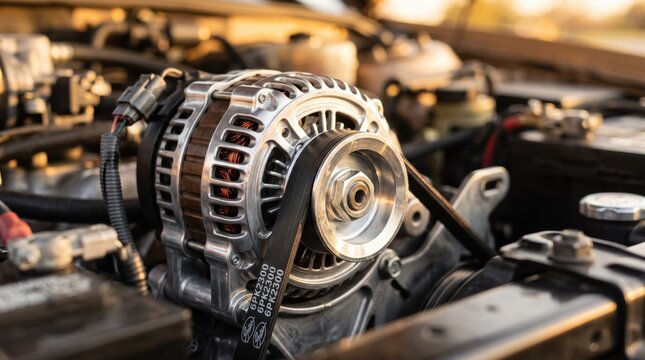 Detailed view of a car alternator and serpentine belt located under the hood of a vehicle, highlighting automotive electrical components, engine maintenance, and mechanical repair