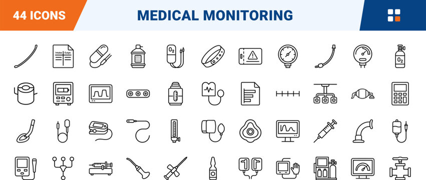 Anesthesia Monitoring Chart line icon set. Vector pictograms of patient, medical, hospital, and surgery elements, thin linear illustration.