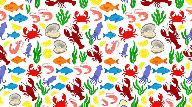 Colorful sea food pattern background with lobster and fish flat design