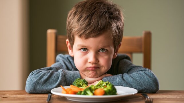 Unhappy young boy sitting at wooden table with plate of healthy cooked vegetable including broccoli and carrot with displeased facial expression and crossed arms