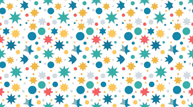Colorful seamless pattern with geometric stars and circles on white