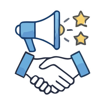 Business illustration featuring a megaphone and handshake with stars, representing marketing promotion, successful partnership, business agreement, customer satisfaction, advertising and positive coll