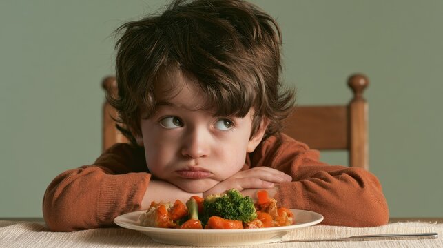 Unhappy young boy sitting at table looking away with pout face expression reluctant to eat healthy vegetable meal with broccoli and carrots on plate