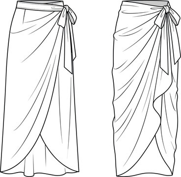 Fashion flat sketch vector set of women wrap skirts with tie bow details and tiered ruffle maxi silhouette templates.