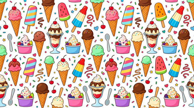 Colorful summer ice cream pattern featuring various sweet treats and popsicles
