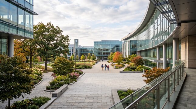 Modern glass office buildings in corporate business park, contemporary university campus architecture with autumn trees and courtyard