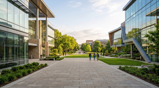 Modern university campus architecture with glass buildings, green college courtyard at sunset, academic research center exterior