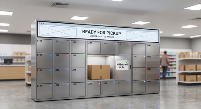 Automated pickup parcel locker in retail supermarket with illuminated compartment holding AI matched order box