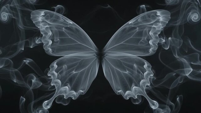 Abstract symmetrical smoke pattern forming an elegant artistic shape against a solid black background