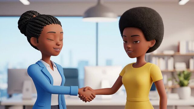 Two black businesswomen shaking hands in a modern office