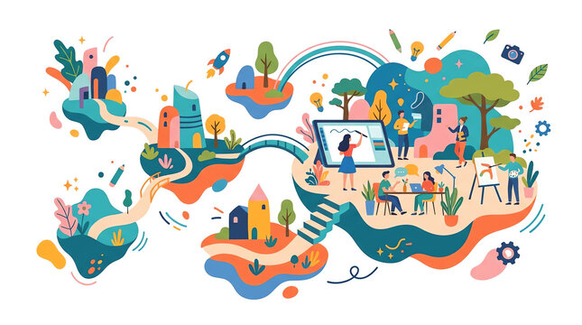 Vibrant illustration of a creative community with floating islands, modern buildings, people collaborating on art and technology, symbolizing innovation and connection.