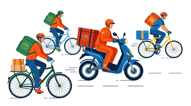Illustration of various delivery people on bicycles and a scooter, transporting packages for urban logistics.