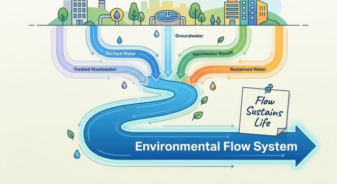 Environmental Flow System Diagram Illustrating Urban Water Management and Sustainability