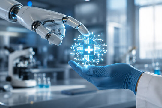 AI generated robotic hand medical glove presenting digital healthcare chip for artificial intelligence robotics automation innovation advanced medical technology